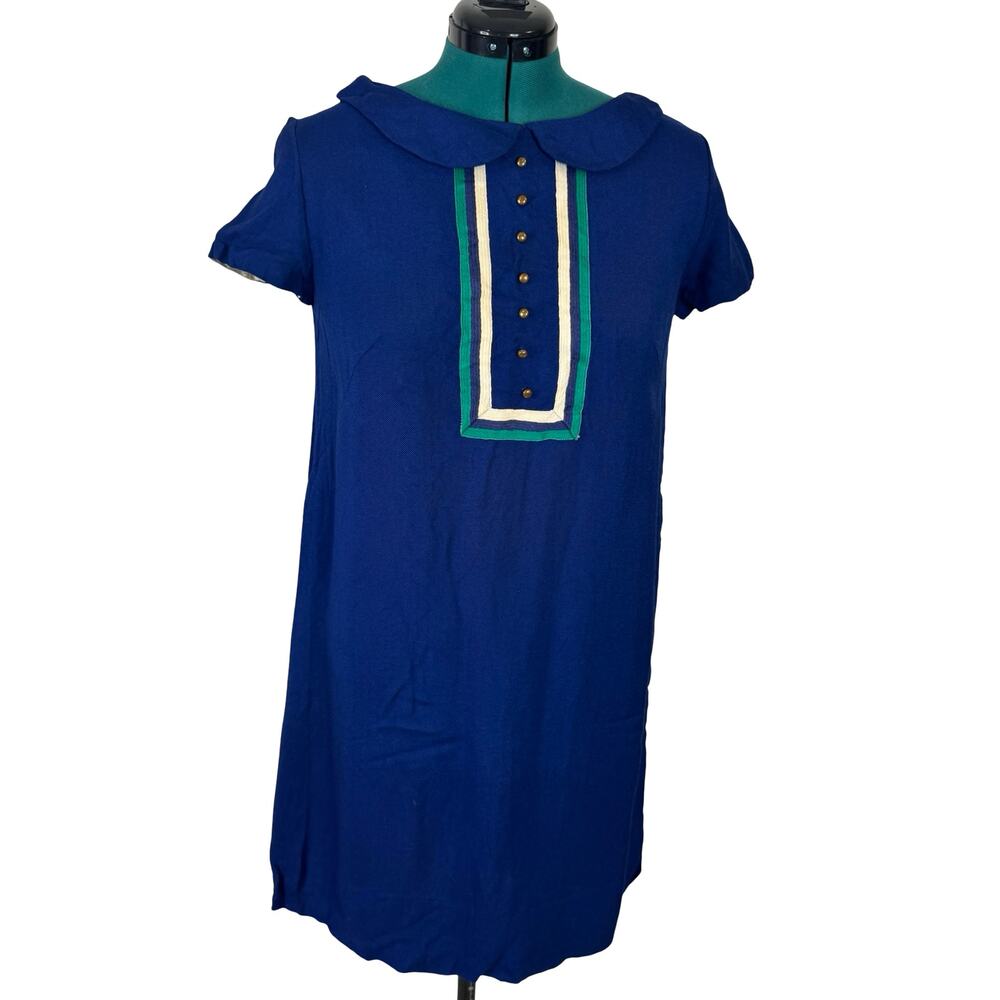 Vintage 60s Mod Shift Dress Blue Peter Pan Collar Made in France Maman Chic - L
